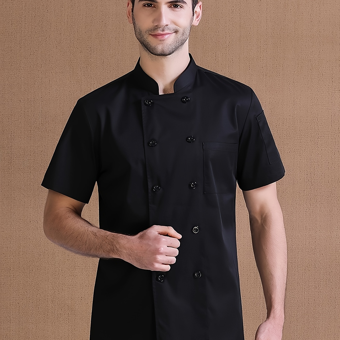 

Men's 100% Cotton Chef Coat, Elegant Solid Double Breasted Short Sleeve Stand Collar Coat For Kitchen Baking Chef Works In Restaurant