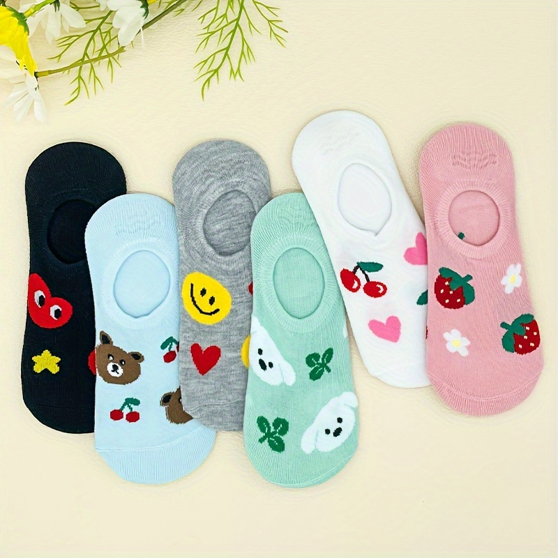 

6 Pairs Women's Cute Cartoon Invisible Boat Socks, Comfy & Breathable No Show Non-slip Ankle Socks