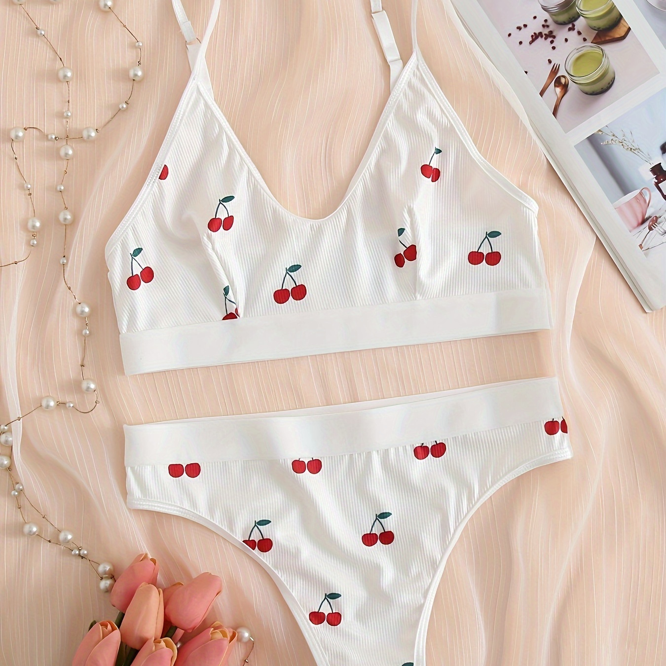 

Cute Cherry Print Rib Knit Bra & Panty, Spaghetti Strap Soft Comfy Bra & Panties Lingerie Set, Women's Lingerie & Underwear