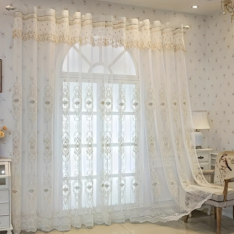 

2pcs Floral Embroidery Sheer Curtains, Rod Pockets Decorative Curtains, For Bedroom Living Room, Home Decoration, Room Decoration