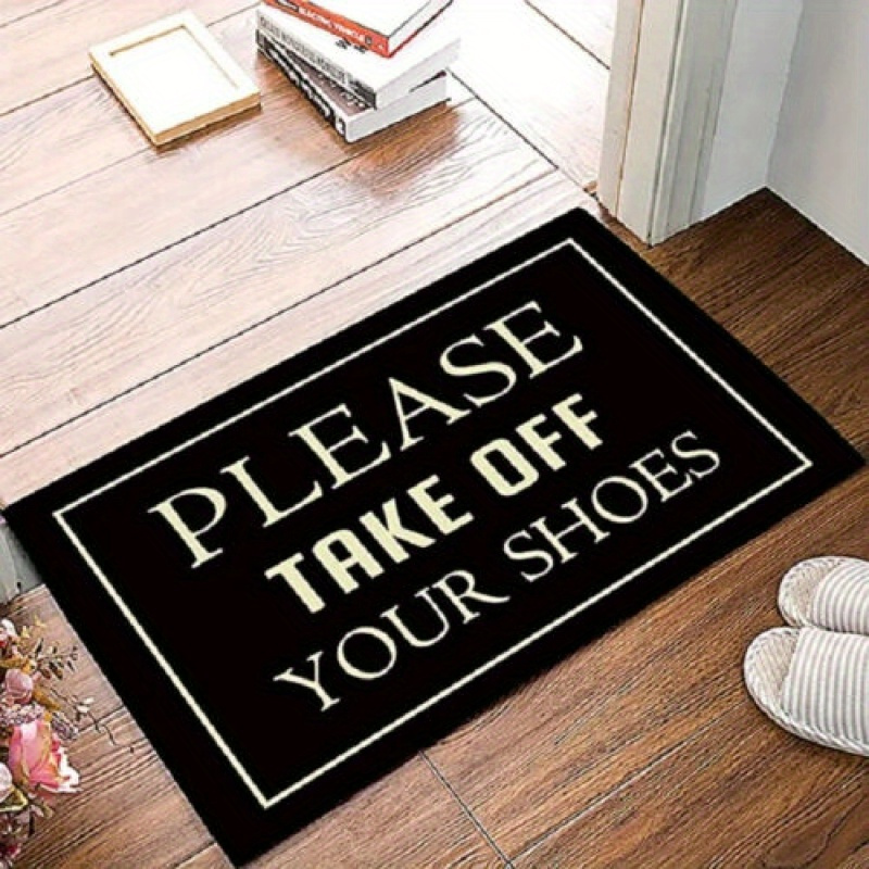 

1pc Welcome Door Carpet, "please Take Off Your Shoes", With Non-slip Rubber Backing, Durable Entrance Rug For Home, Corridor, Balcony Decor, Black With White Lettering, Indoor Outdoor Use