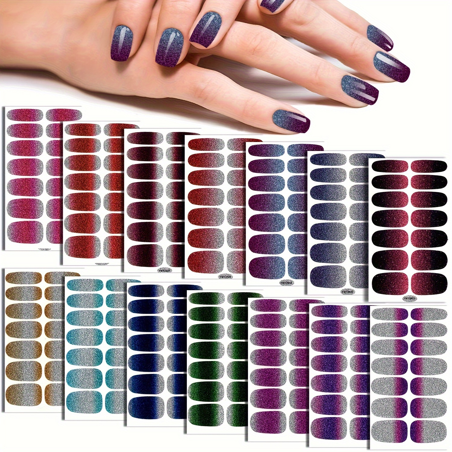 

14pcs Gradient Glitter Design Nail Art Stickers, Full Wrap Nail Art Decals With 6 Nail Files, Nail Art Supplies For Women And Girls