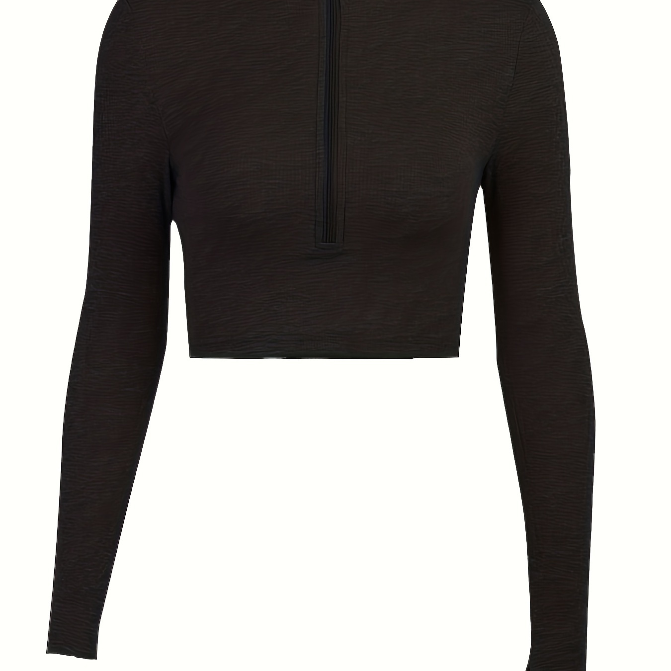 

Ribbed Zip Front Crop T-shirt, Casual Long Sleeve Top For Spring & Fall, Women's Clothing