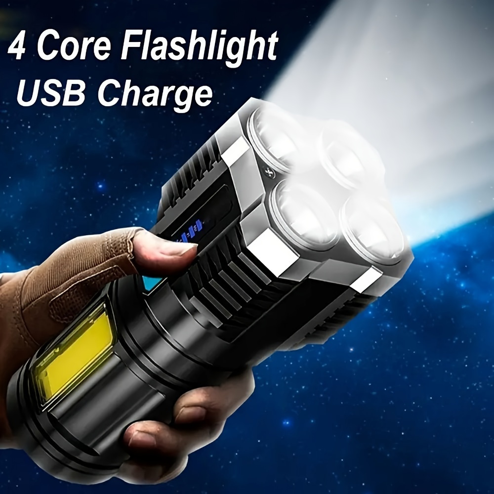 

4-core Led Flashlight With Cob Side Light, Usb Rechargeable, High Lumens, 400mah Lithium Battery, Portable Tactical Flashlight With Power Display, Non-waterproof, Abs Material - Pack Of 1