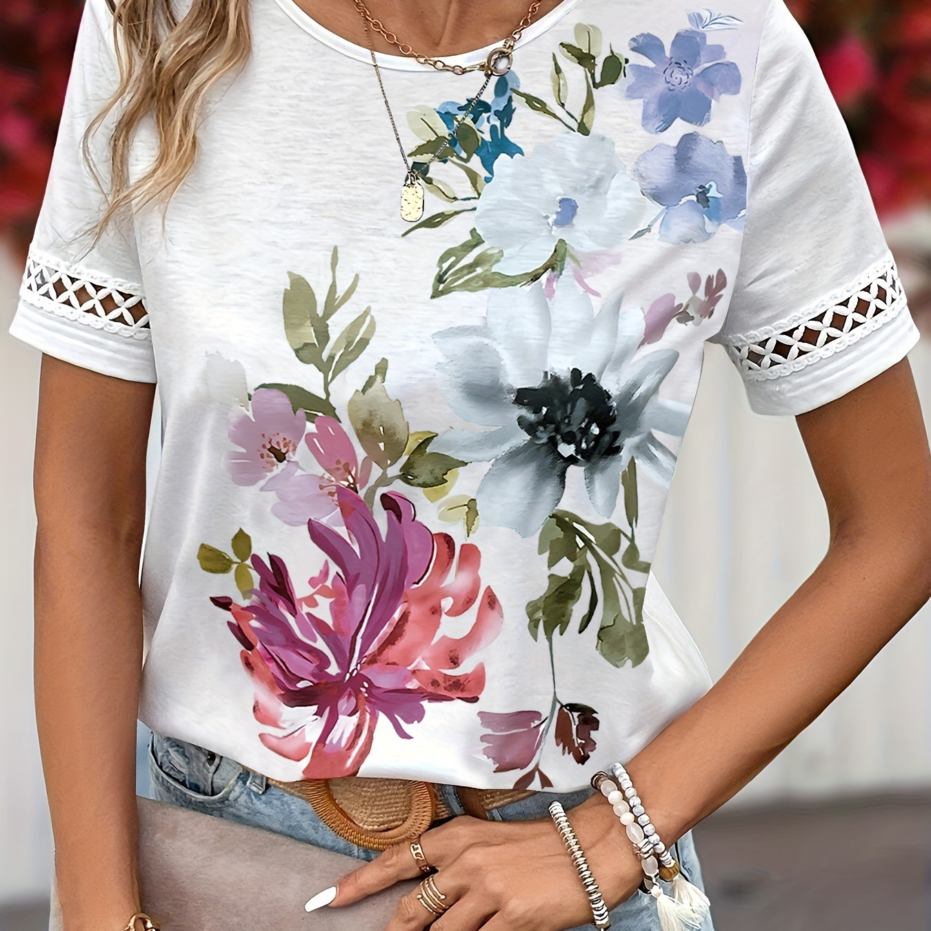 

Floral Print Print T-shirt, Casual Short Sleeve Crew Neck Top For Spring & Summer, Women's Clothing