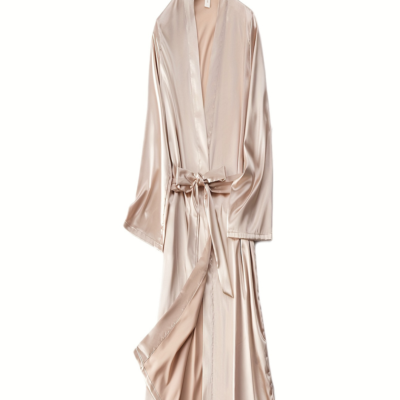 

Elegant Solid Satin Night Robe, Long Sleeve V Neck Robe With Belt, Women's Sleepwear & Dresses