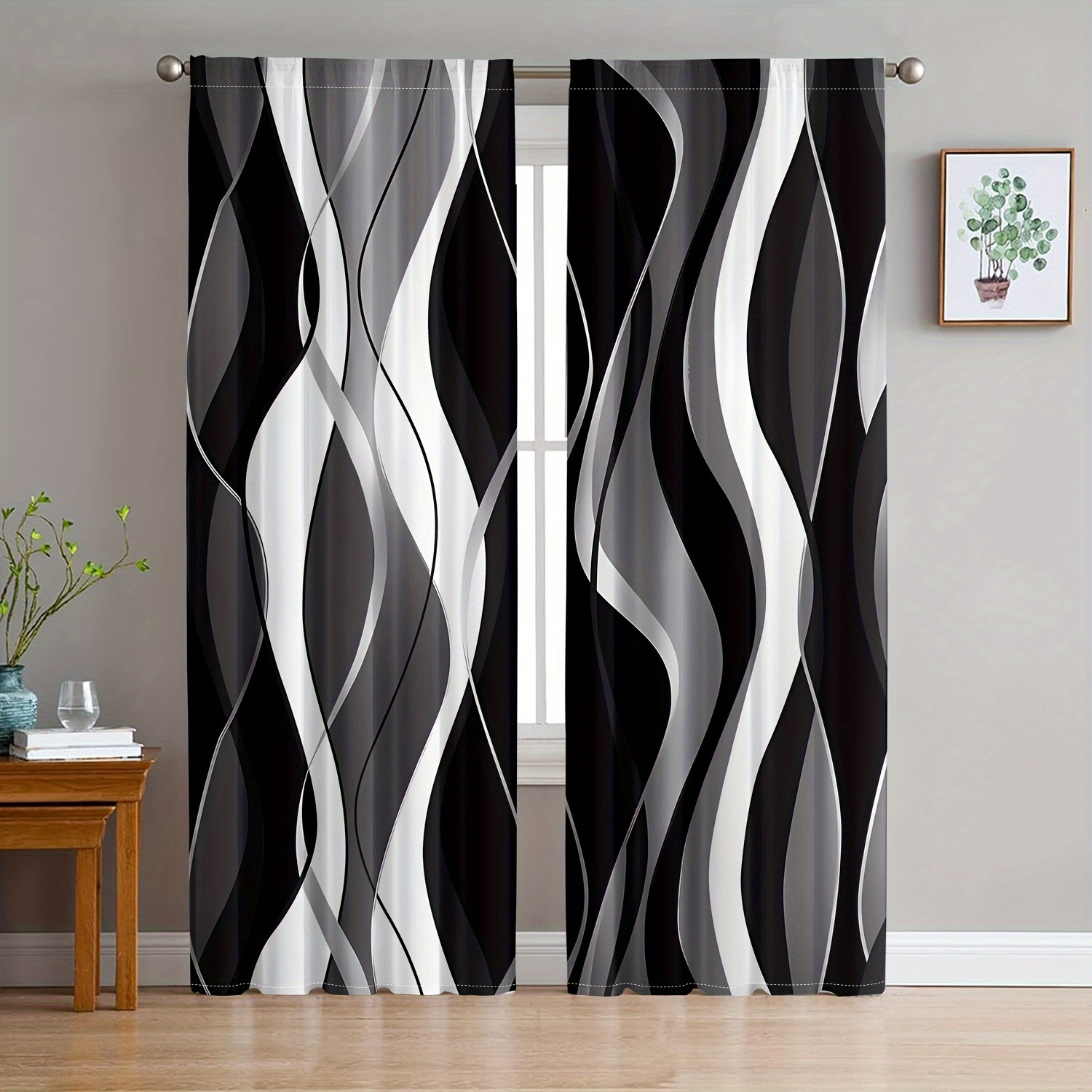 

2pcs Set Contemporary Abstract Black & White Geometric Digital Print Curtains - Semi-transparent, Privacy Protection For Living Room And Bedroom