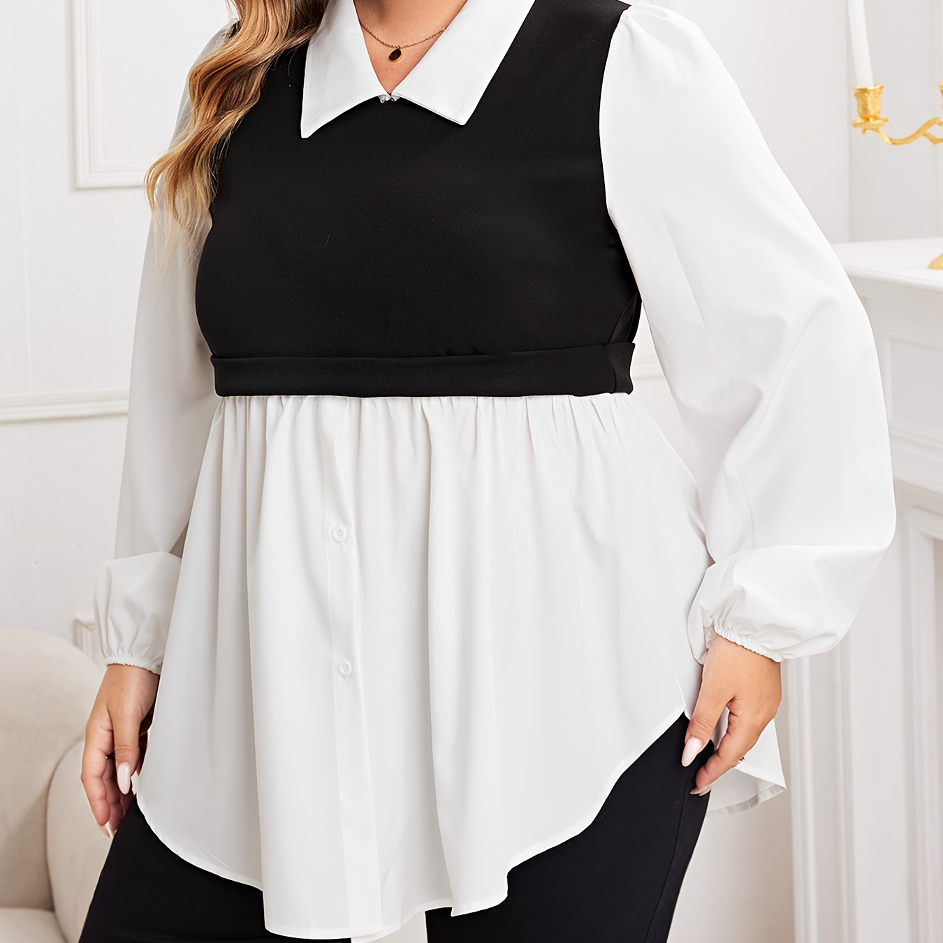 

Plus Size Colorblock Collar Blouse, Casual Long Sleeve Blouse For Spring & Fall, Women's Plus Size Clothing