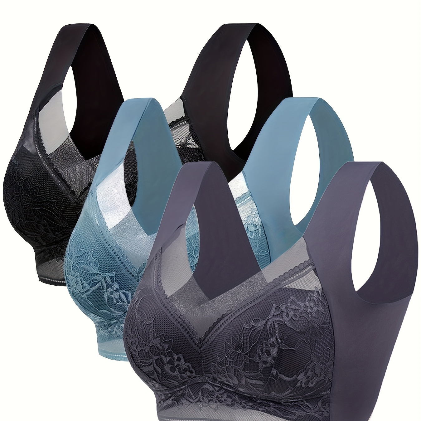 

3-pack Womens Floral Lace Sports Bras Set - Full Coverage, Ultra-comfortable, Ventilated Push Up Bralettes For Active Wear