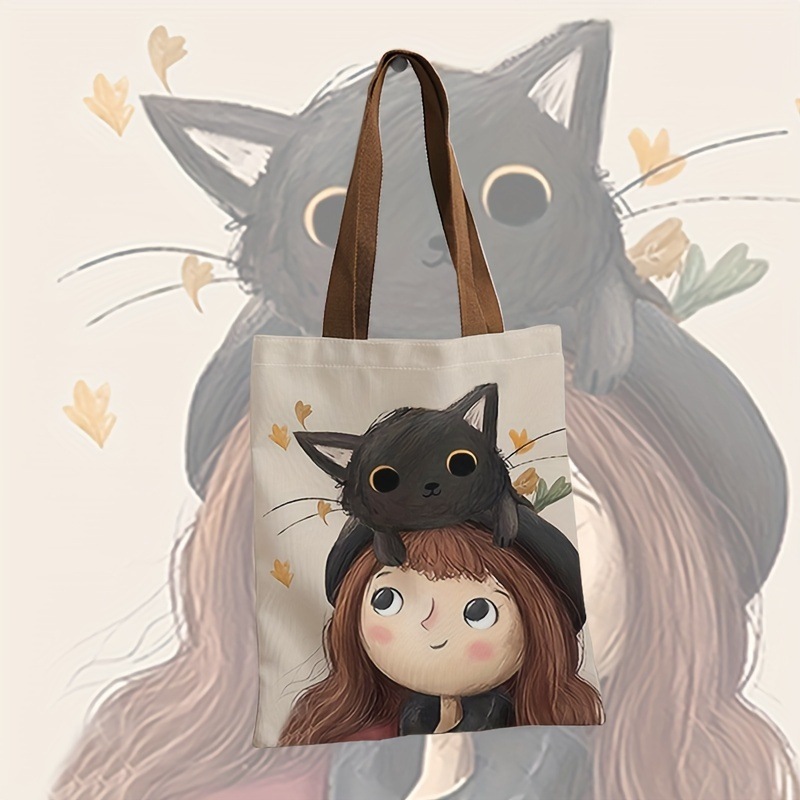 

Cartoon Cat Pattern Printed Casual Tote Bag, Lightweight Grocery Shopping Bag, Aesthetic Shoulder Bag For School, Travel