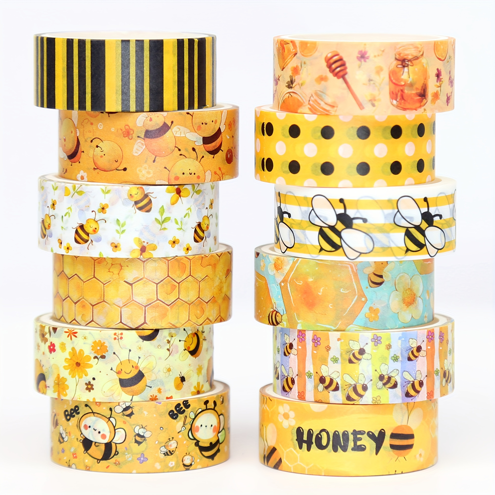 

Nikomie 12-roll Bee Washi Tape Set, Decorative Yellow Honey Theme Paper Tape For Scrapbooking, Journaling, Diy Crafts, And Gift Wrapping, Non-waterproof Crafting Tape With Bee And Honeycomb Designs