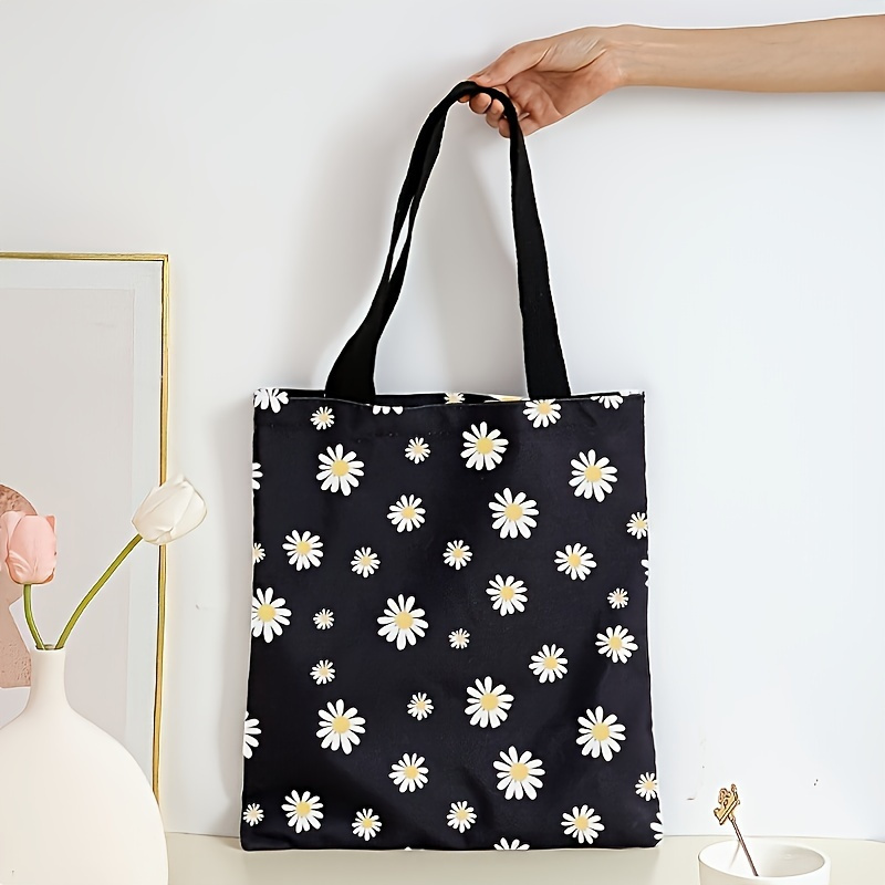 

Reusable Tote Bag, Large Capacity Daisy Print Shoulder Bag, Women's Casual Carry-all, Beach Tote For Travel, Shopping, With Durable Handles