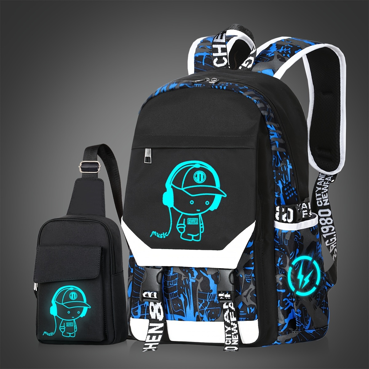 

2023 New Men's Leisure Backpack With Glow Printing Fashion Large Capacity Backpack Graffiti Sports College Student Bag Travel Bag Computer Bag