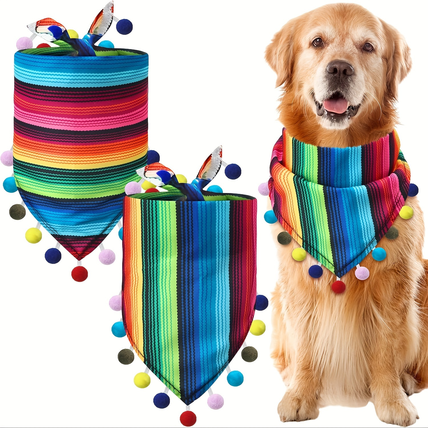 

Mexican Stripe Dog Bandanas: Vibrant Triangular Scarves With Pompoms For Furry Friends - Suitable For Small To Medium Breeds