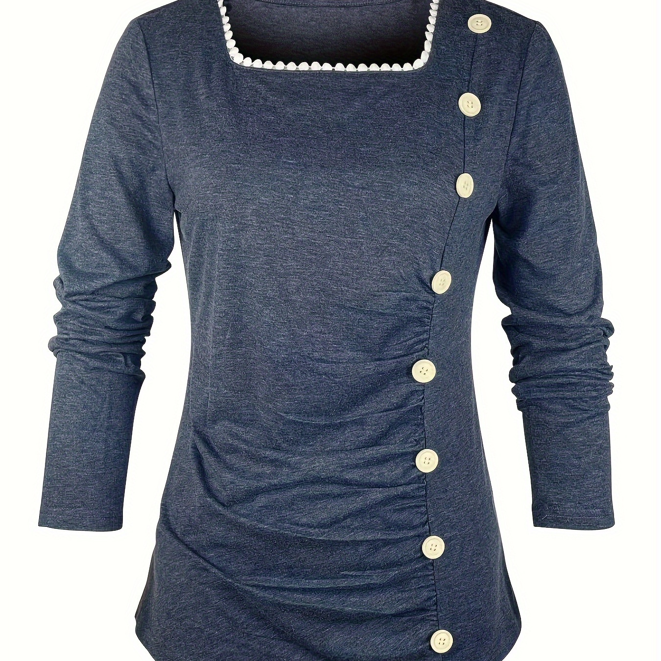 

Button Decor Square T-shirt, Casual Lace Stitching T-shirt For Spring & Fall, Women's Clothing