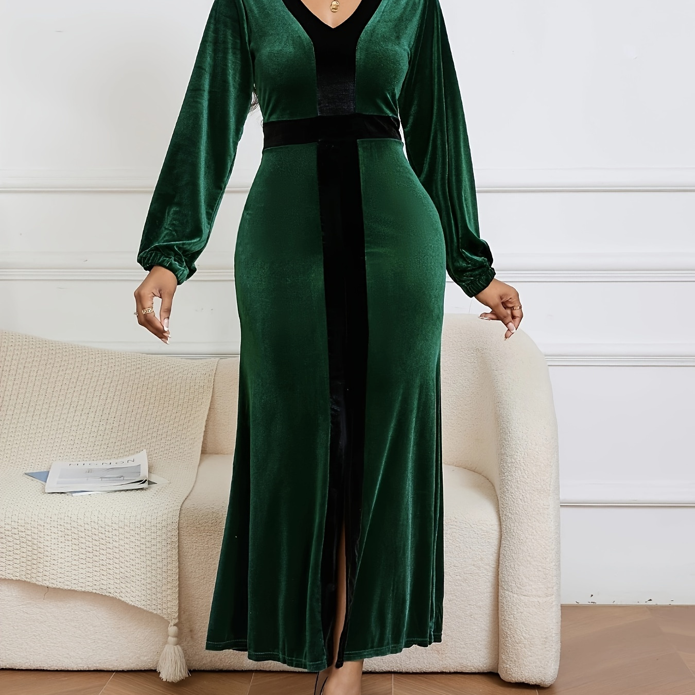 

Color Block Plunging Neck Dress, Elegant Long Sleeve Split Slim Ankle Length Dress For Spring & Fall, Women's Clothing