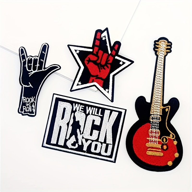 

4pcs Rock Music Themed Embroidered Patches, Iron On Appliques For Clothing And Fabrics, Guitar, Hand, And Star Pins