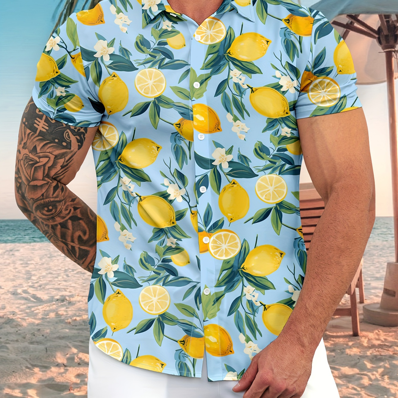 

Men's Lemons Graphic Print Shirt, Casual Lapel Button Up Short Sleeve Shirt For Outdoor Activities