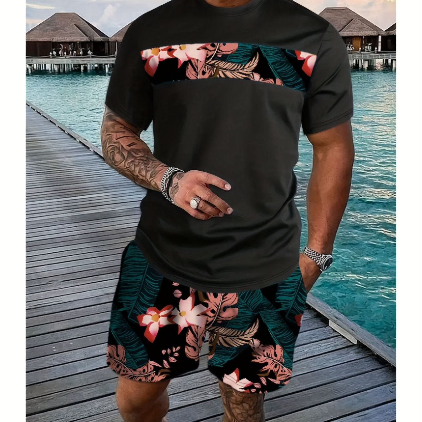 

Men's Tropical Floral Print Cotton T-shirt - Soft, Comfortable Crewneck Short Sleeve Top For All , Ideal For Casual Wear