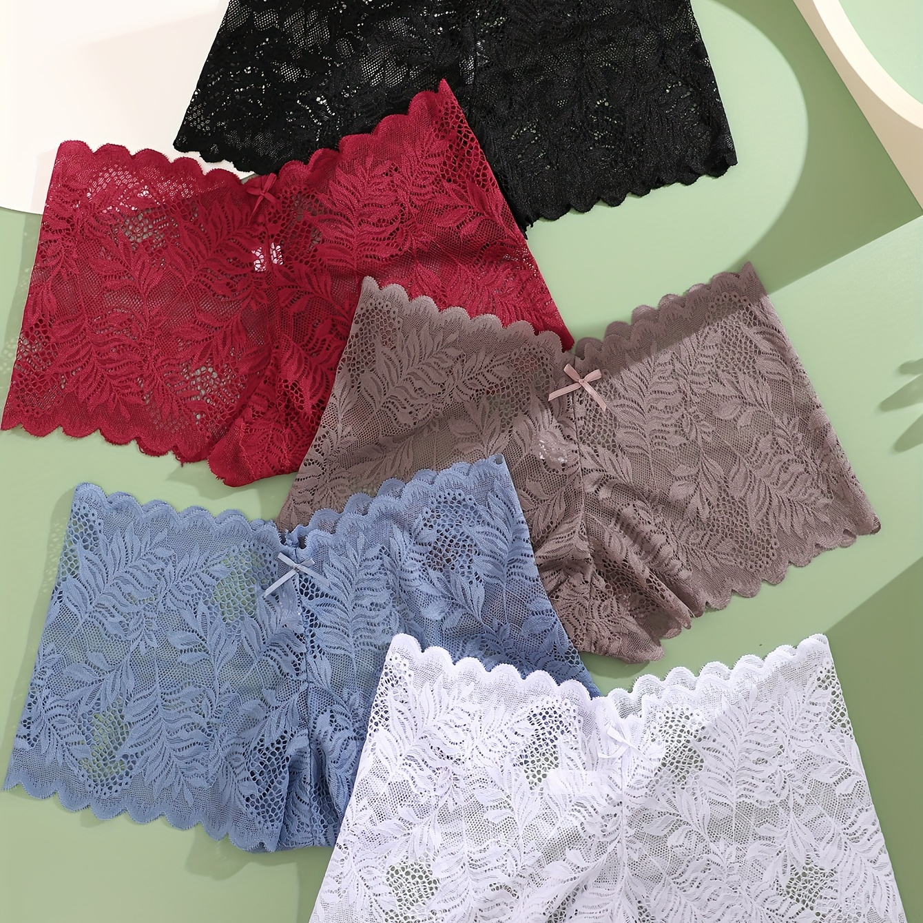 

5-pack Women's Sexy Low-rise Lace Boyshorts, Contrast Lace Detail, Knit Fabric, 72% Polyamide 18% Elastane 10% Polyester, Random Print, Drop Waist, 125gsm - Assorted Colors