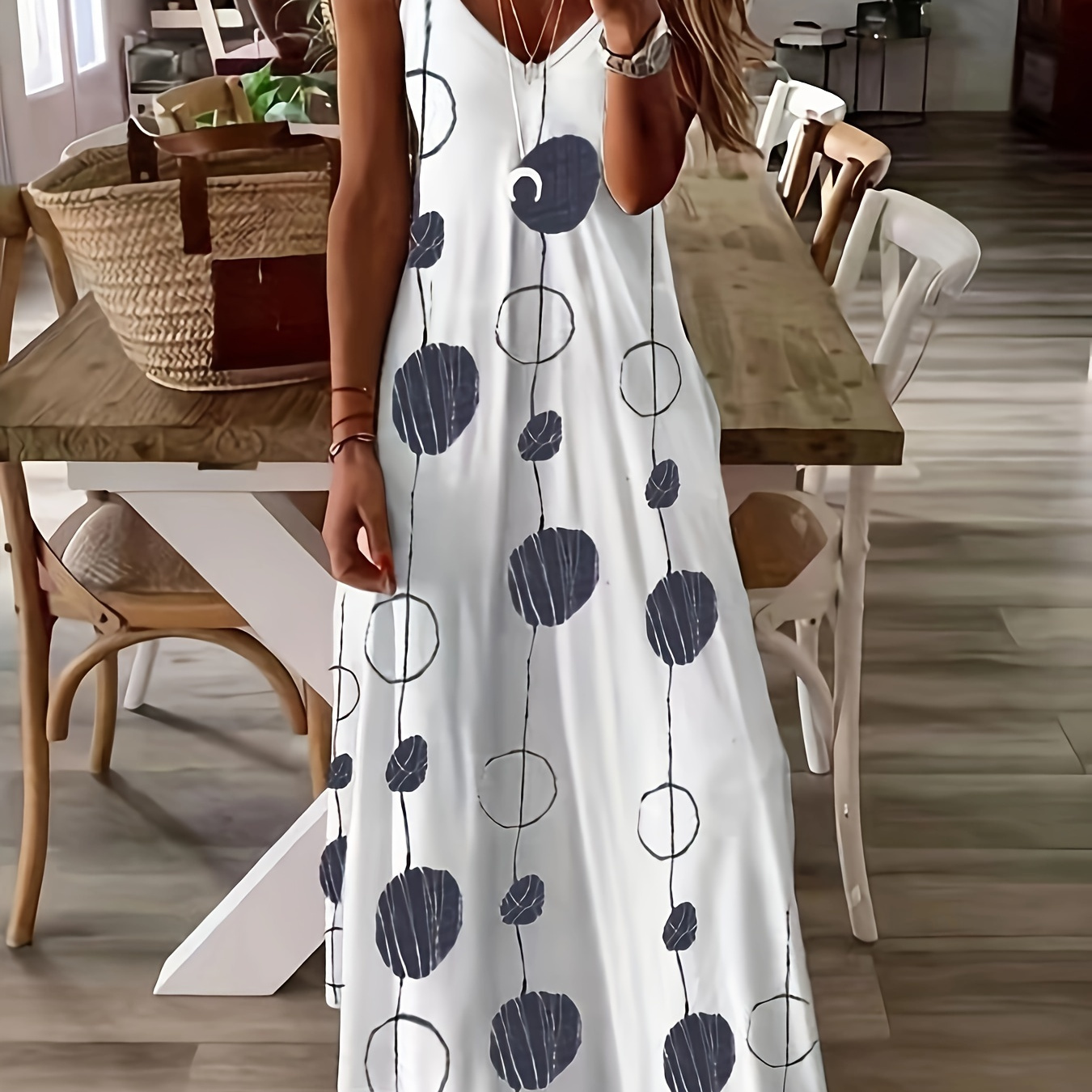 

Polka Dot V Neck Cami Dress, Vacation Style Sleeveless Maxi Cami Dress For Spring & Summer, Women's Clothing