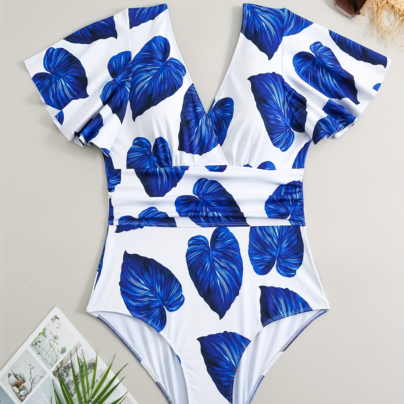 Women's hot Spring Vacation Sexy Small Chest Gathered Cute Lotus Leaf  Printed Triangle one-Piece Swimsuit Women,XL