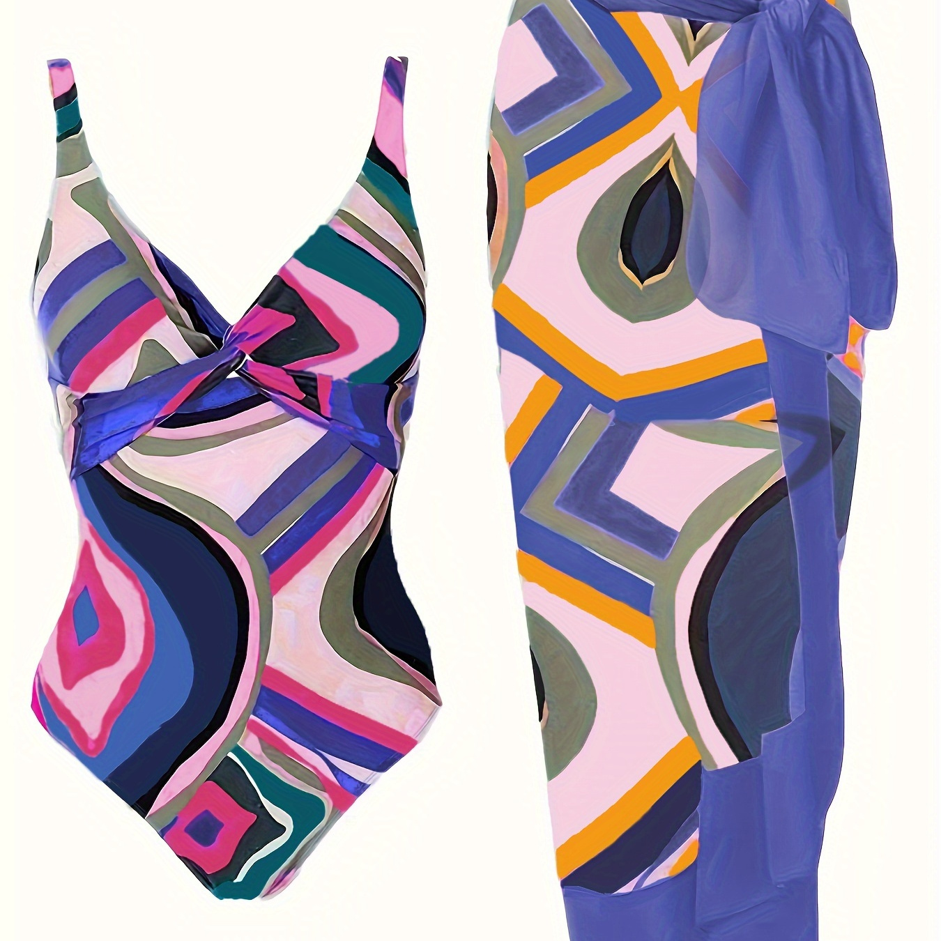 

Plus Size Elegant Tankini Set, Women's Plus Geo Print Twist Front Swimsuit & Knot Side Cover Up Skirt Bathing Suit 2 Piece Set