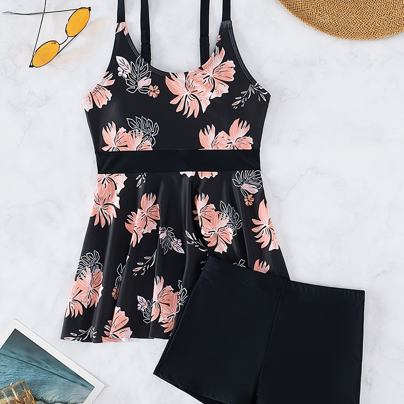 

Floral Print Scoop Neck Stretchy Tankini, Adjustable Straps Shorts Black & Peach Color 2 Piece Swimsuit, Classic & Elegant, Women's Swimwear & Clothing