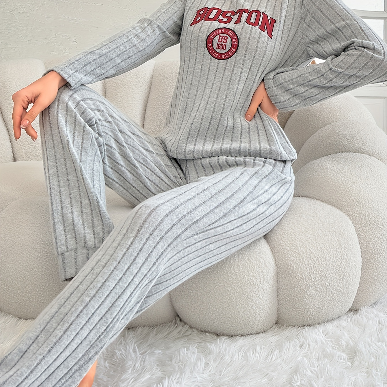 

Letter Print Ribbed Pajama Set, Long Sleeve Crew Neck Top & Joggers, Women's Sleepwear & Loungewear