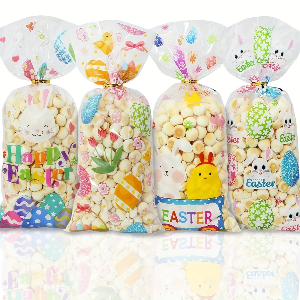 

50pcs Easter Cellophane Bags, 4 Assorted Styles Easter Egg Bunny Chick Flowers Candy Goodie Bags With Twisted Ties, For Birthday Party, Easter Party Supplies