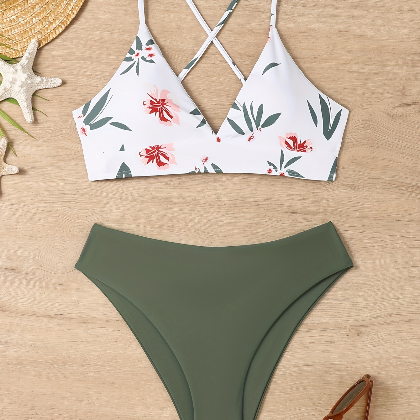 

Floral Print Criss Cross Tie Back 2 Piece Set Bikini, Deep V Neck Spaghetti Strap Stretchy Swimsuits, Women's Swimwear & Clothing
