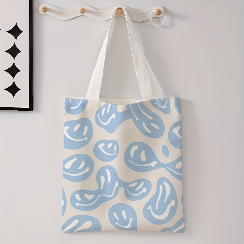 

Simple Hand-painted Smiling Face Pattern Double-sided Printed Casual Tote Bag, Multifunctional Handbag, Letter Printed Canvas Shopping Bag