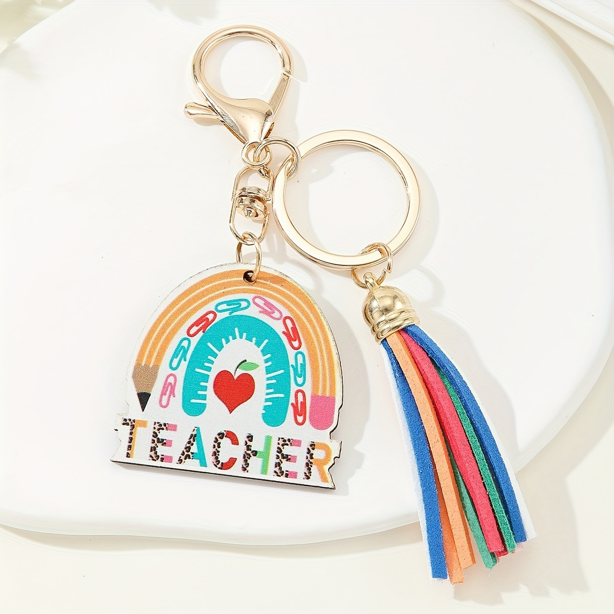 

Teacher Rainbow Tag Keychain Cute Colorful Key Chain Ring Bag Backpack Charm Car Pendant Teacher's Day Graduation Gift For Teachers