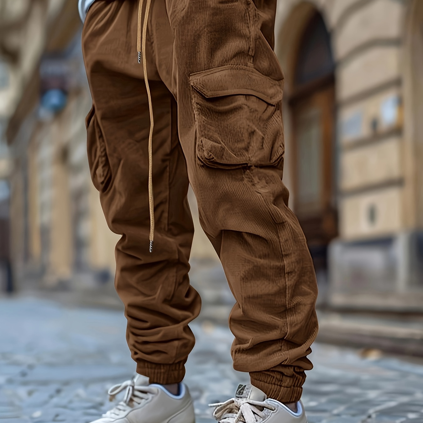 

1pc Men's Corduroy Cargo Pants, Solid Color With Pockets, Drawstring Waist, Stretch, Casual Regular Fit, Comfortable Breathable Polyester-lined, Fashionable Daily Holiday Trousers