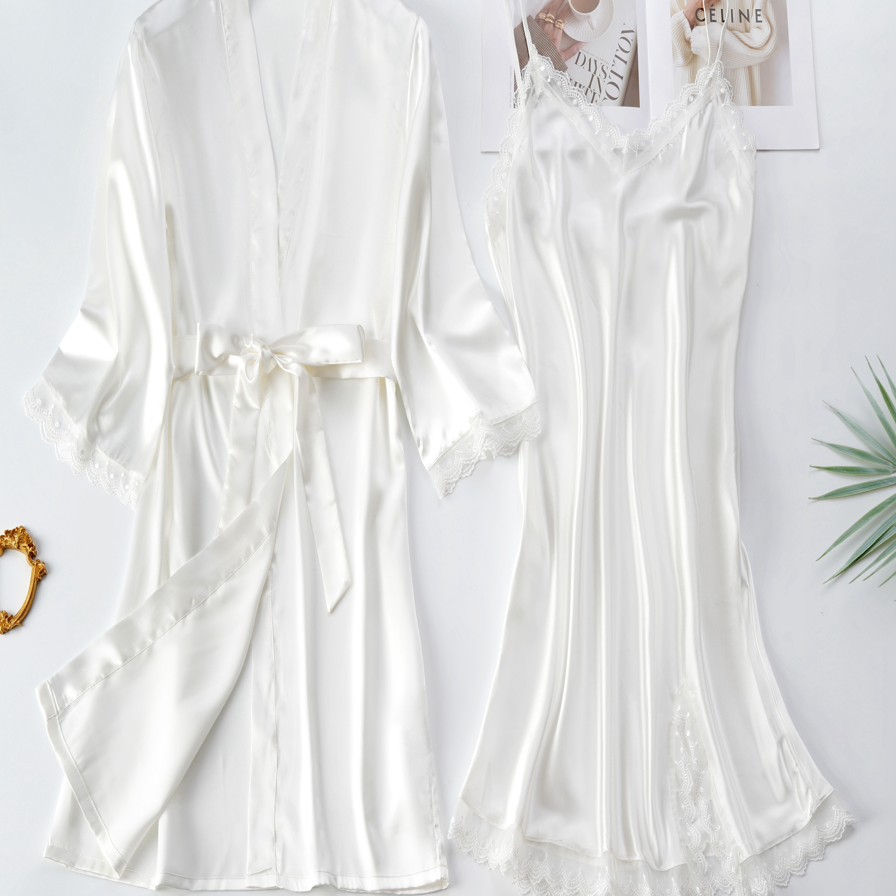 Lace Trim Satin Pajama Set, Long Sleeve Robe With Belt & V Neck Slip Dress,  Women's Sleepwear & Loungewear