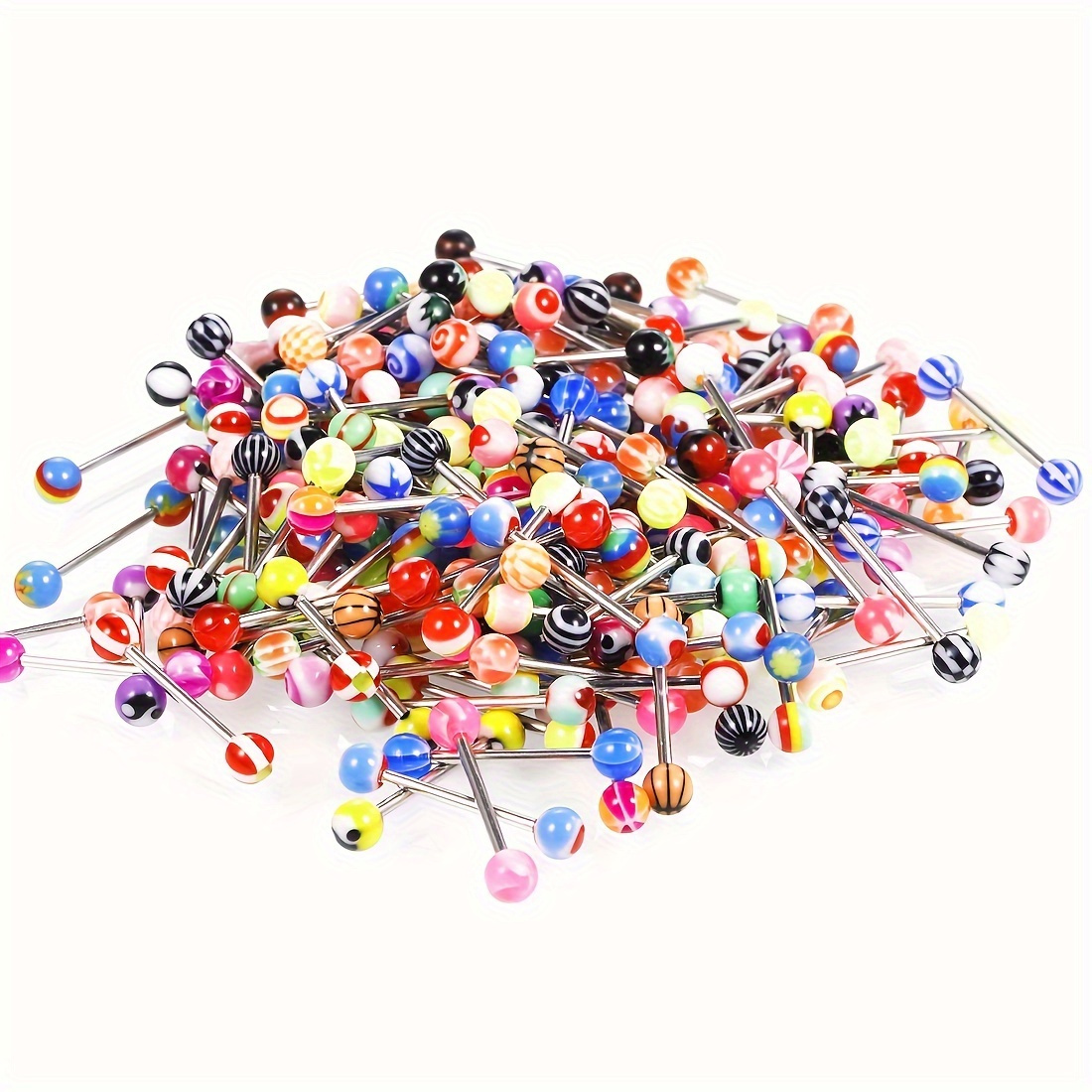 

10pcs/30 Pcs/50pcs/100 Pcs Stainless Steel Rod Mixed Color Acrylic Ball Tongue Rings, Body Piercing Jewelry