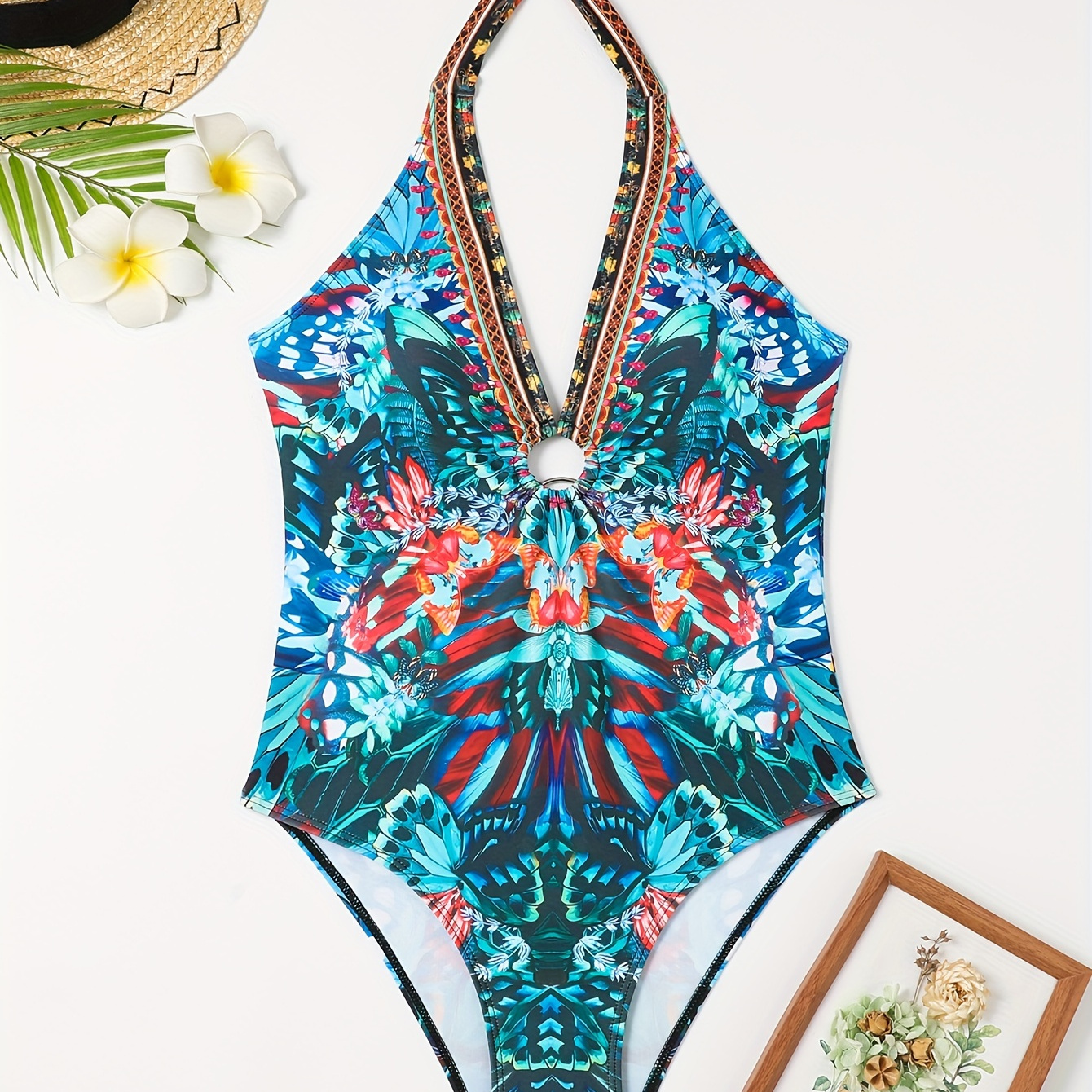 

Allover Print Ring Halter One-piece Swimsuit, Tie Neck Backless High Stretch Bathing Suits, Women's Swimwear & Clothing