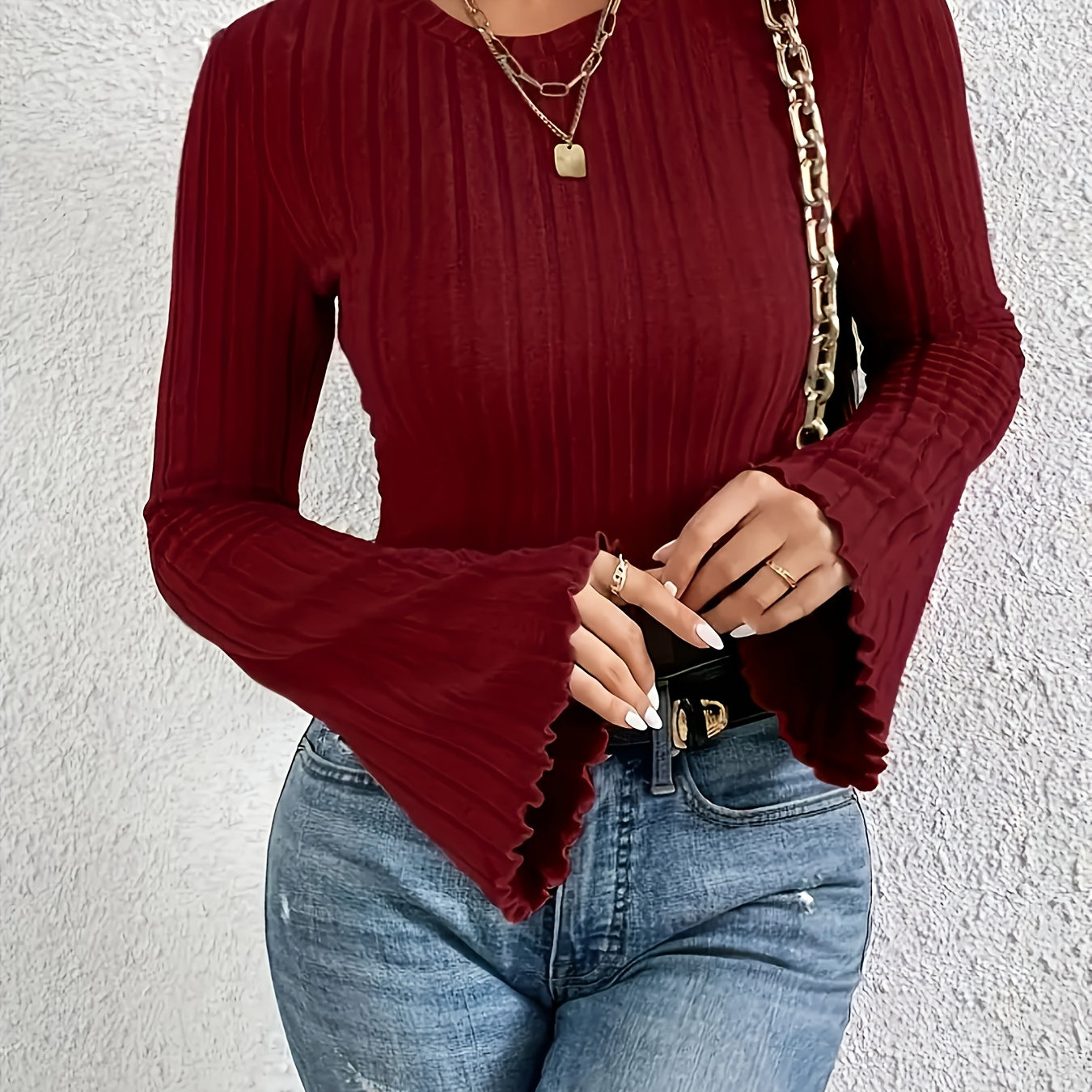 

1pc Elegant Polyester Trumpet Sleeve Top For Women - Solid Color Crew Neck Knit Fabric Blouse For Fall/winter Season