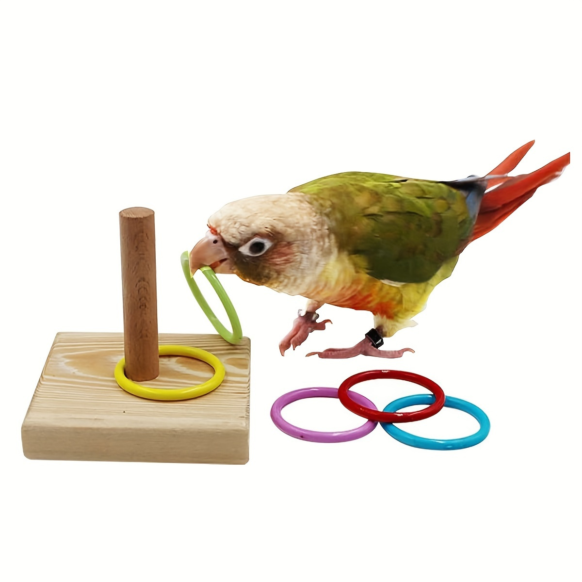 

1 Set Of Wooden Parrot Play Platform With 5pcs Assorted Color Rings Toy, Bird Chewing Toy, Intelligence Parrot Toys, Bird Cage Accessories