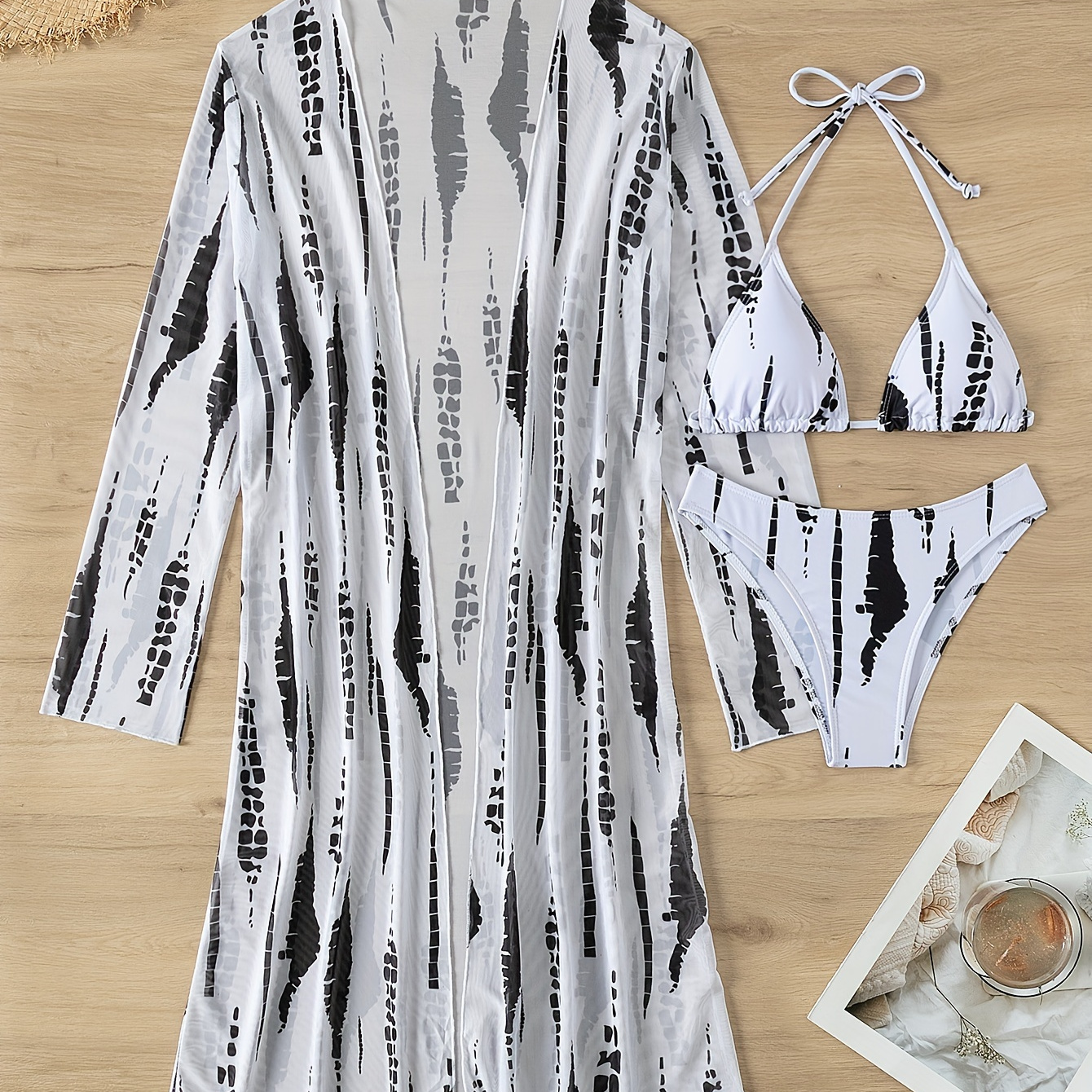 

Allover Print 3 Piece Set Bikini, V Neck High Cut With Cover Up Shirt Swimsuits, Women's Swimwear & Clothing Triangle Top