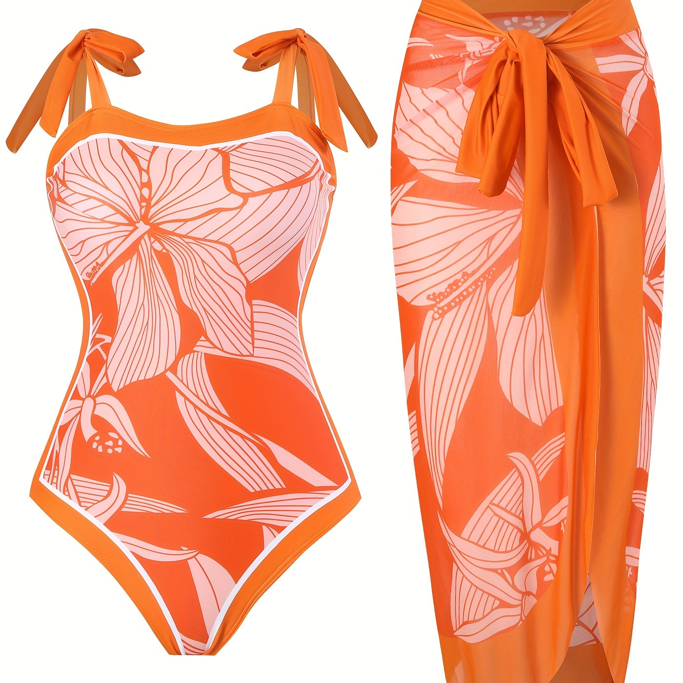 

Tangerine Red Floral Print Elegant Stretchy 2 Piece Swimsuits, Tie Shoulder One-piece Bathing-suit & Cover Up Skirt, Women's Swimwear & Clothing For Holiday