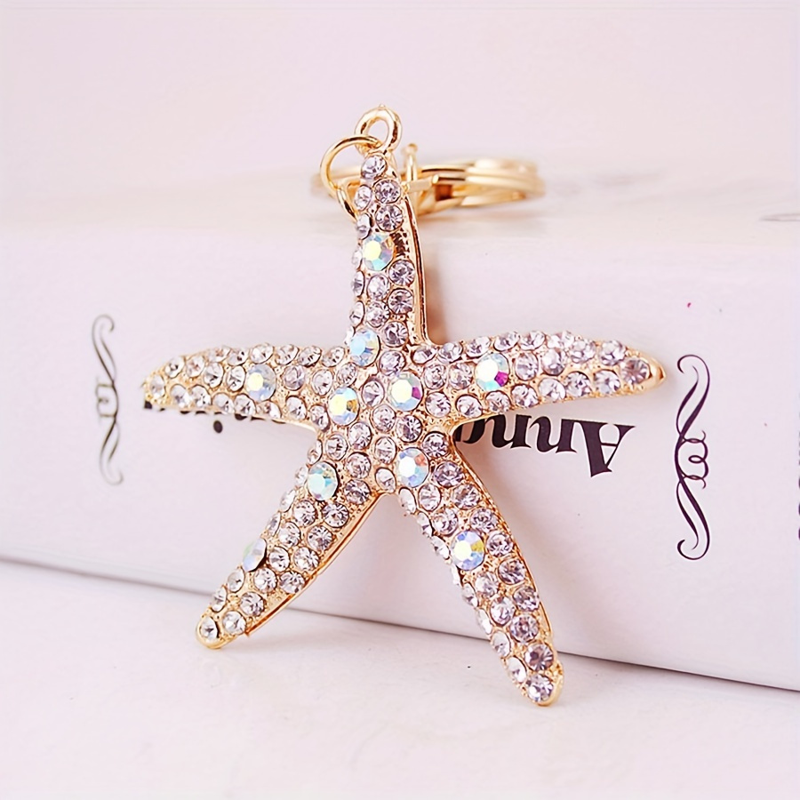 

1pc Rhinestone Starfish Keychain Trendy Golden Ocean Animal Alloy Keyring Bag Backpack Pendant Car Key Ring Charms For Women Girls
