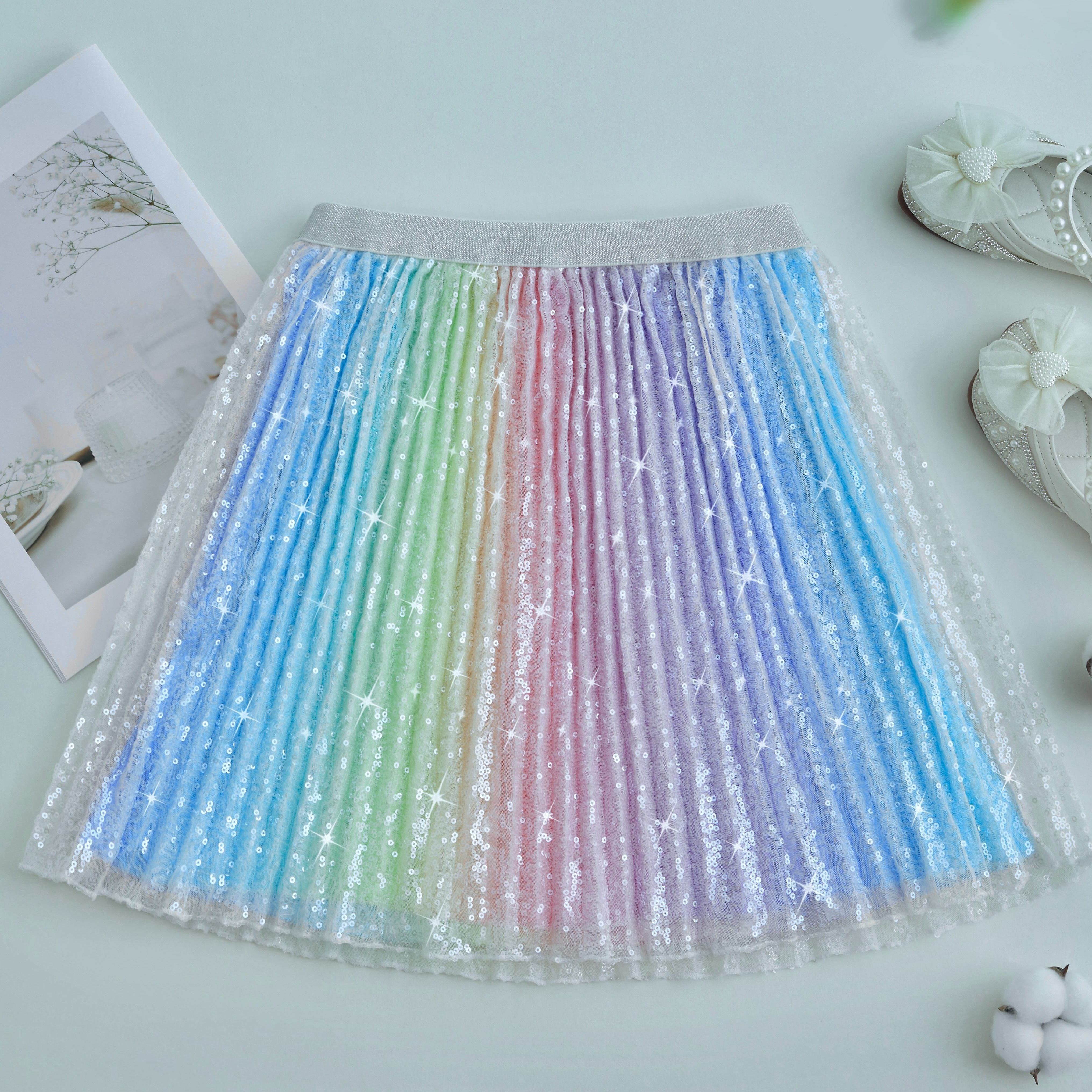

Girl's Shiny Sequins Pleated Skirt, Elastic Waist Short Puffy Tulle Skirt For Birthday Daily Summer Party
