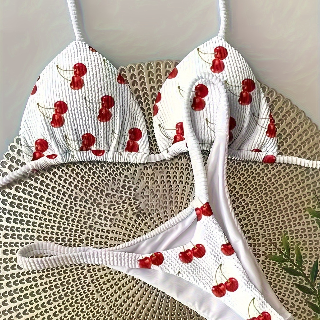 TEMU Cherry Pattern 2 Piece Set Bikini, Halter V Neck Tie Back Backless High Cut Thong Swimsuits, Women's Swimwear & Clothing Triangle Top