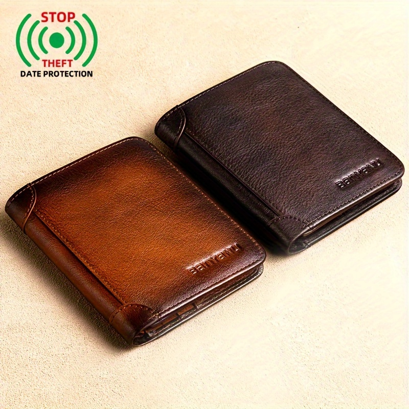 

Men's Genuine Top Layer Cowhide Leather Wallet, Slim Vintage Fashion Short Clutch With Large Capacity For License And Cards - Rfid Blocking, Non-washable, Suitable For