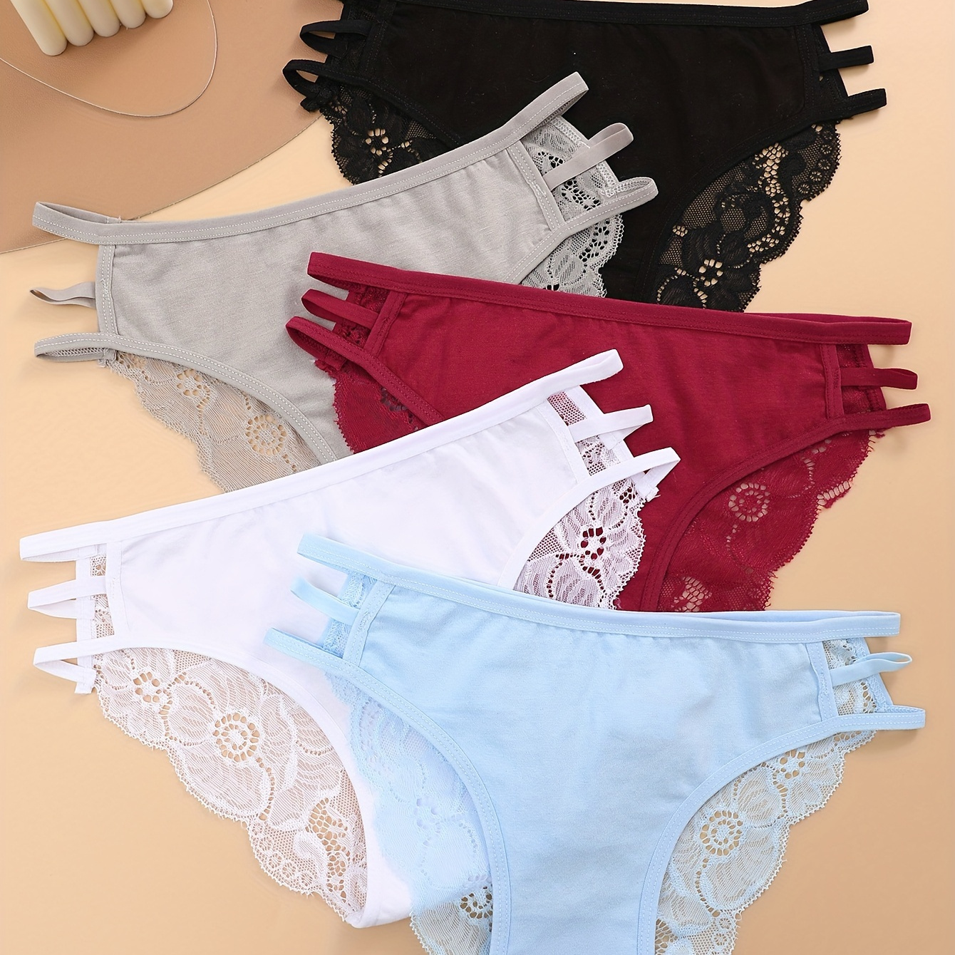 

5pcs Contrast Lace Briefs, Soft & Breathable Cut Out Intimates Panties, Women's Lingerie & Underwear