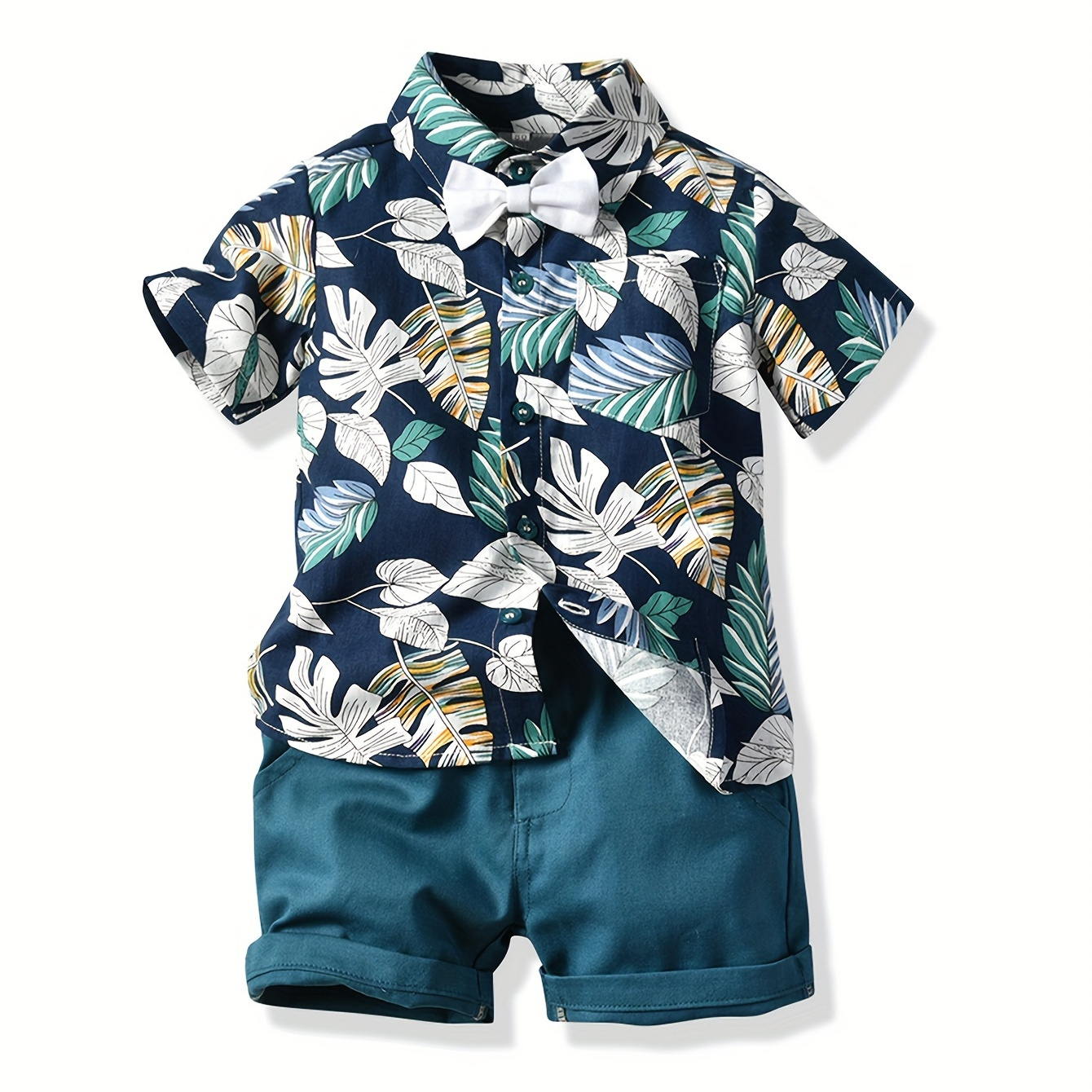 

2pcs Boys Tropical Leaf Graphic Print Short Sleeve Lapel Bowtie Shirt&shorts Set, Comfy Summer Kids Clothing