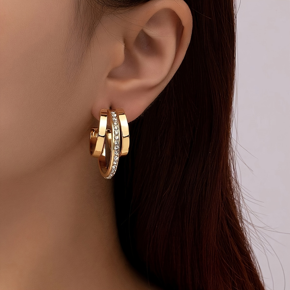 

3 Layer C Shaped Hoop Earrings Alloy Jewelry With Tiny Zircon Inlaid Elegant Sexy Style For Women Dating Ear Decor