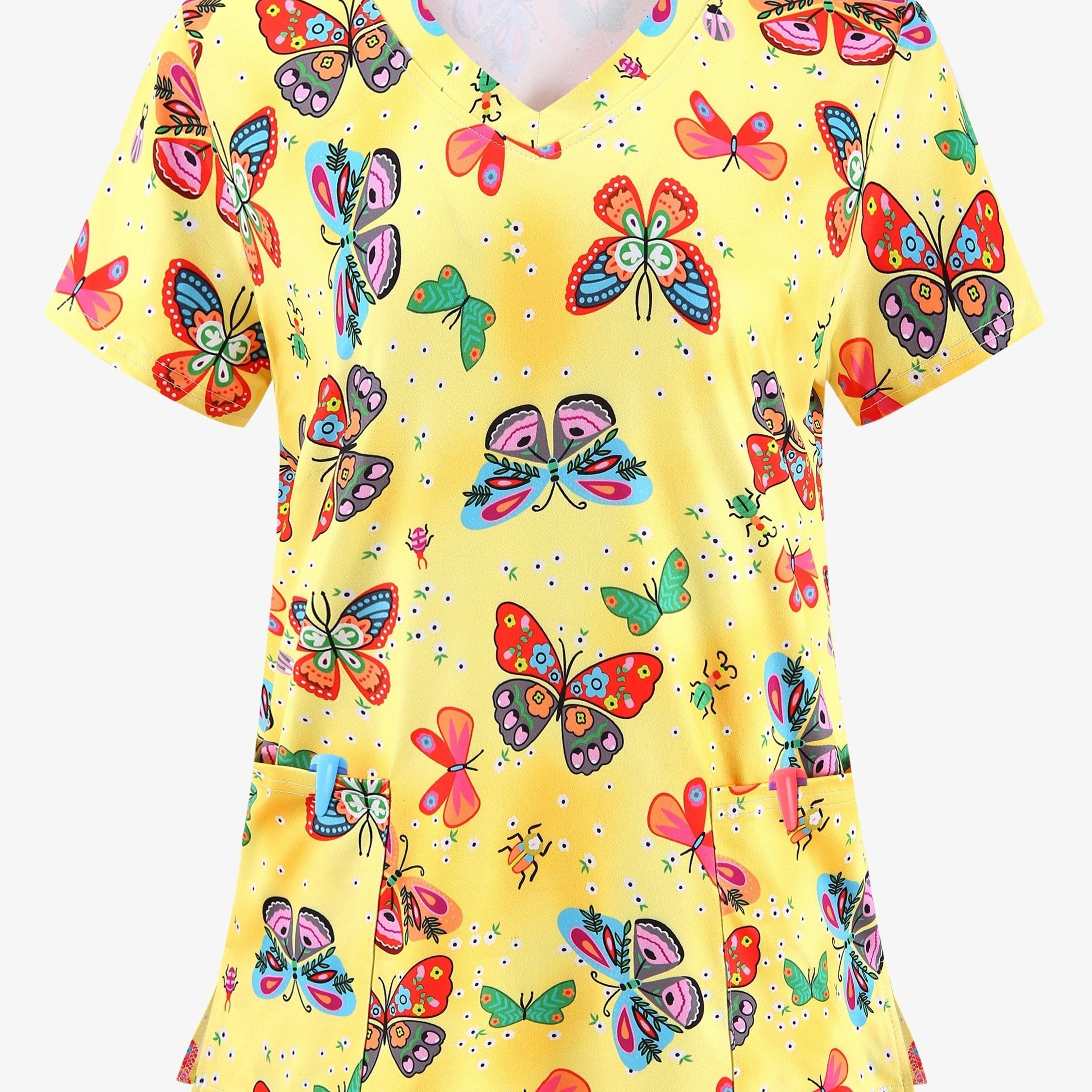 

Plus Size Colorful Butterfly Print Stretchy Dual Pockets V-neck Top, Comfortable & Functional Health Care Short Sleeve Uniform For Nurse, Women's Plus Size Clothing
