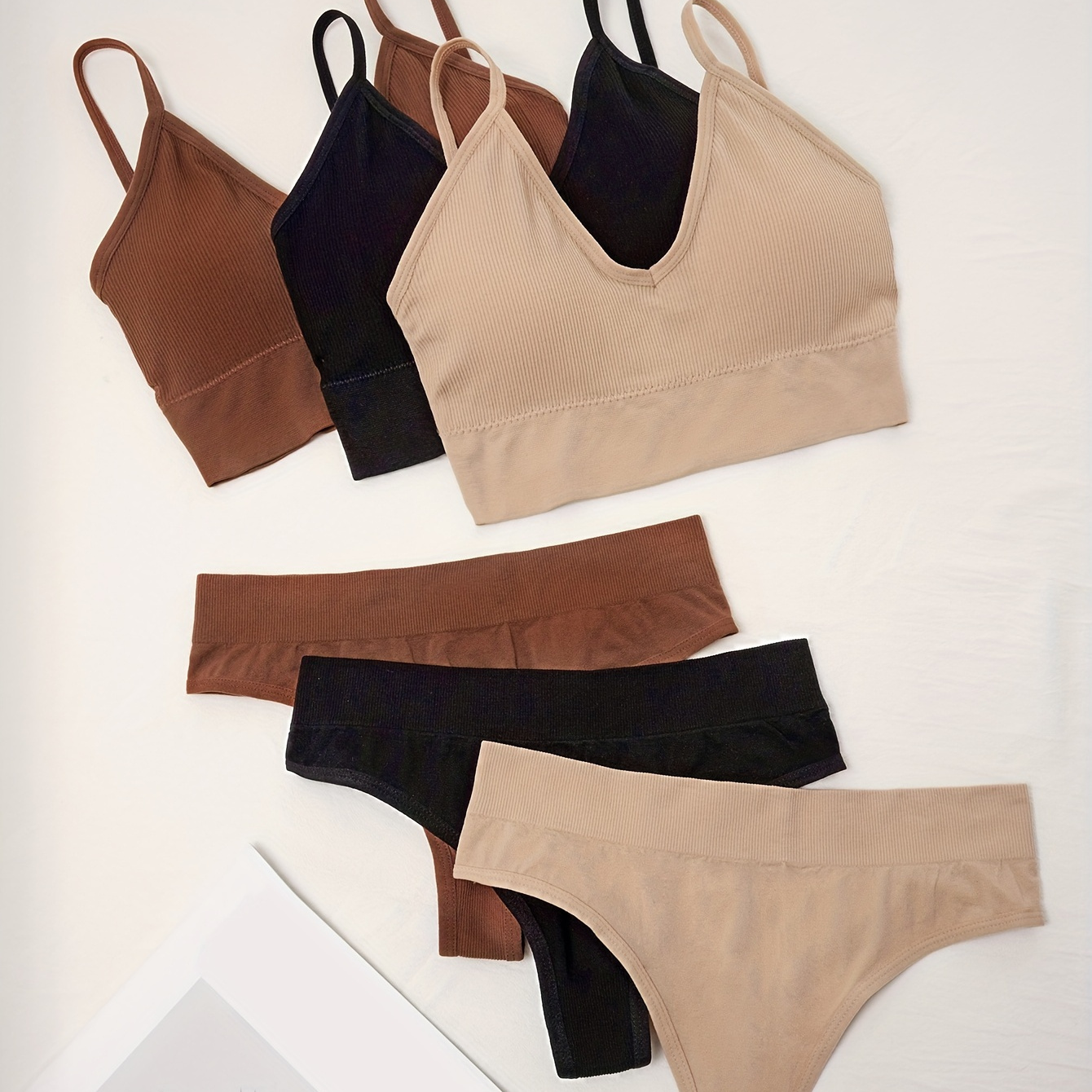 

3 Sets Ribbed Bra & Panties, Wireless Bralette & Thongs Lingerie Set, Women's Lingerie & Underwear